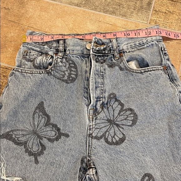 PacSun High Rise Straight Light Blue Denim Jeans Butterfly Print Button Fly 26 - Picture 8 of 10
